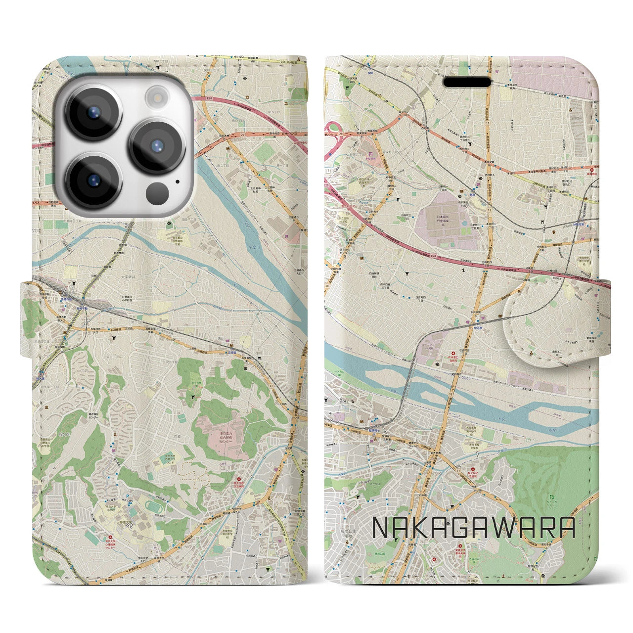 【中河原】地図柄iPhoneケース（手帳両面タイプ・ナチュラル）iPhone 14 Pro 用
