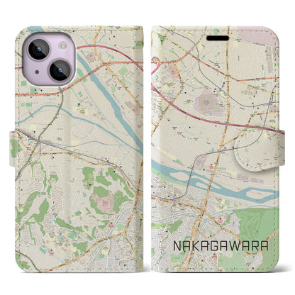 【中河原（東京都）】地図柄iPhoneケース（手帳タイプ）ナチュラル・iPhone 14 用