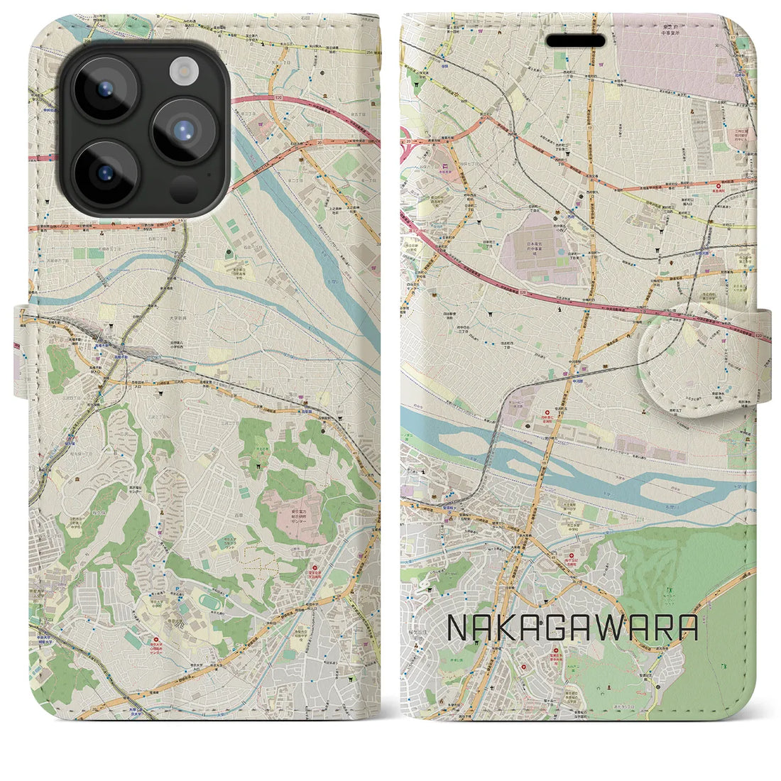 【中河原】地図柄iPhoneケース（手帳両面タイプ・ナチュラル）iPhone 15 Pro Max 用