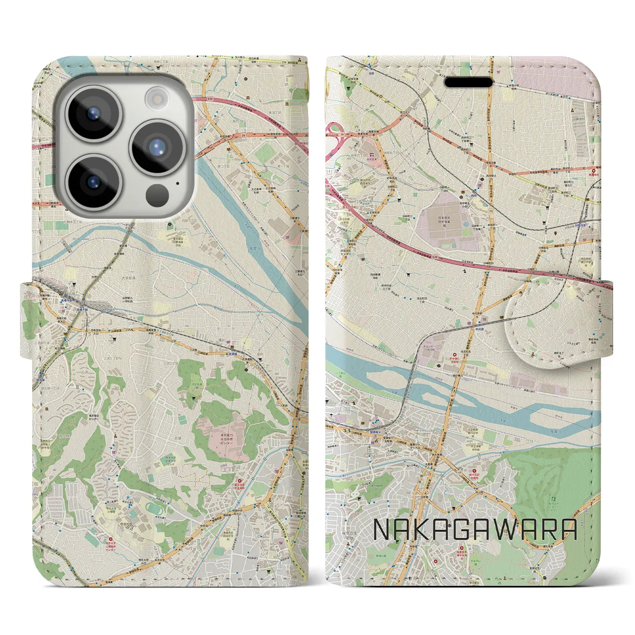 【中河原】地図柄iPhoneケース（手帳両面タイプ・ナチュラル）iPhone 15 Pro 用