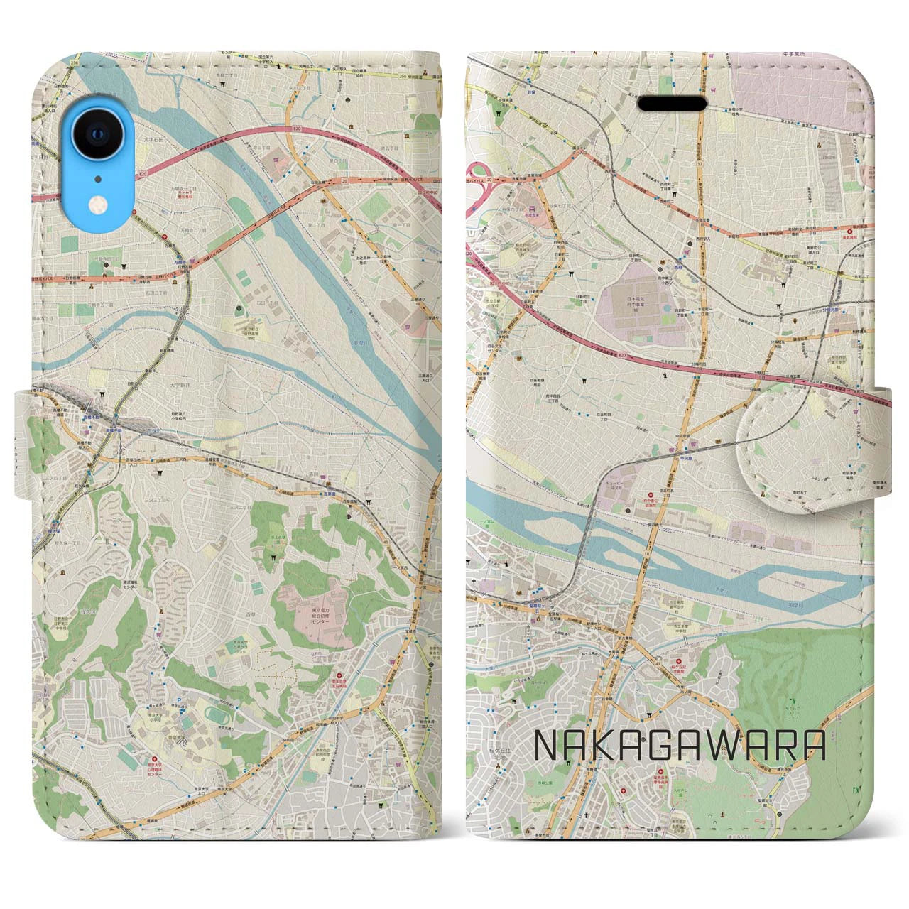 【中河原】地図柄iPhoneケース（手帳両面タイプ・ナチュラル）iPhone XR 用