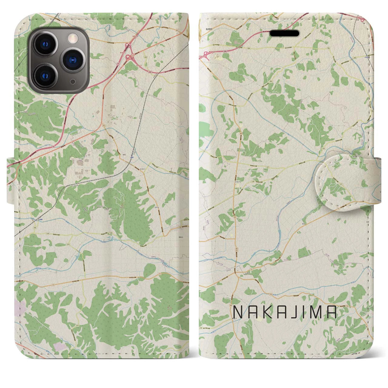 【中島】地図柄iPhoneケース（手帳両面タイプ・ナチュラル）iPhone 11 Pro Max 用