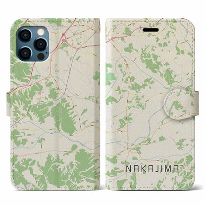 【中島（福島県）】地図柄iPhoneケース（手帳タイプ）ナチュラル・iPhone 12 / 12 Pro 用