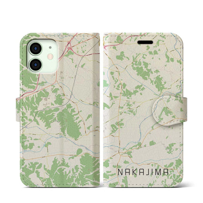 【中島（福島県）】地図柄iPhoneケース（手帳タイプ）ナチュラル・iPhone 12 mini 用