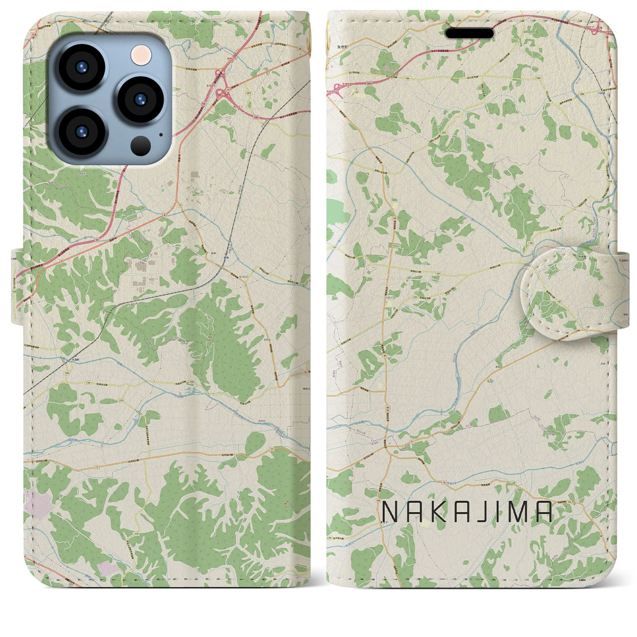 【中島】地図柄iPhoneケース（手帳両面タイプ・ナチュラル）iPhone 13 Pro Max 用