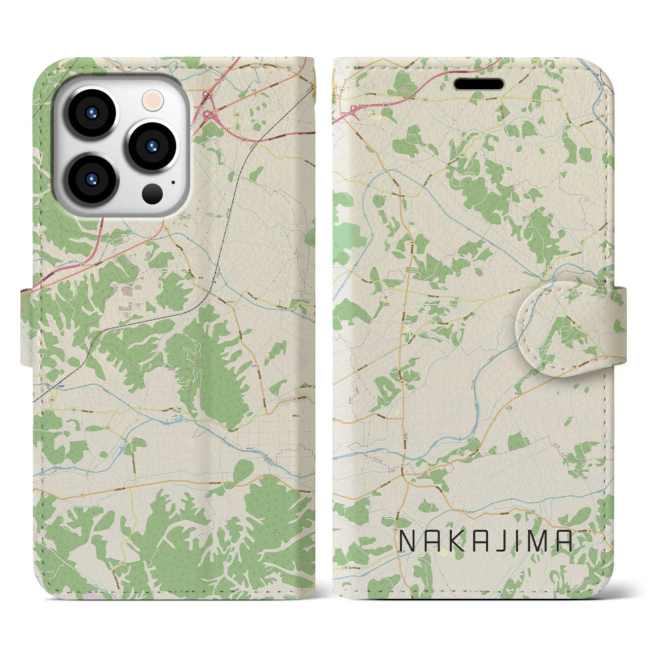 【中島】地図柄iPhoneケース（手帳両面タイプ・ナチュラル）iPhone 13 Pro 用