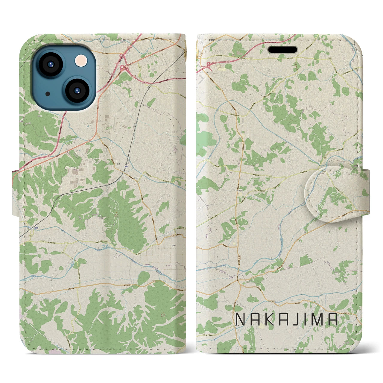 【中島】地図柄iPhoneケース（手帳両面タイプ・ナチュラル）iPhone 13 用