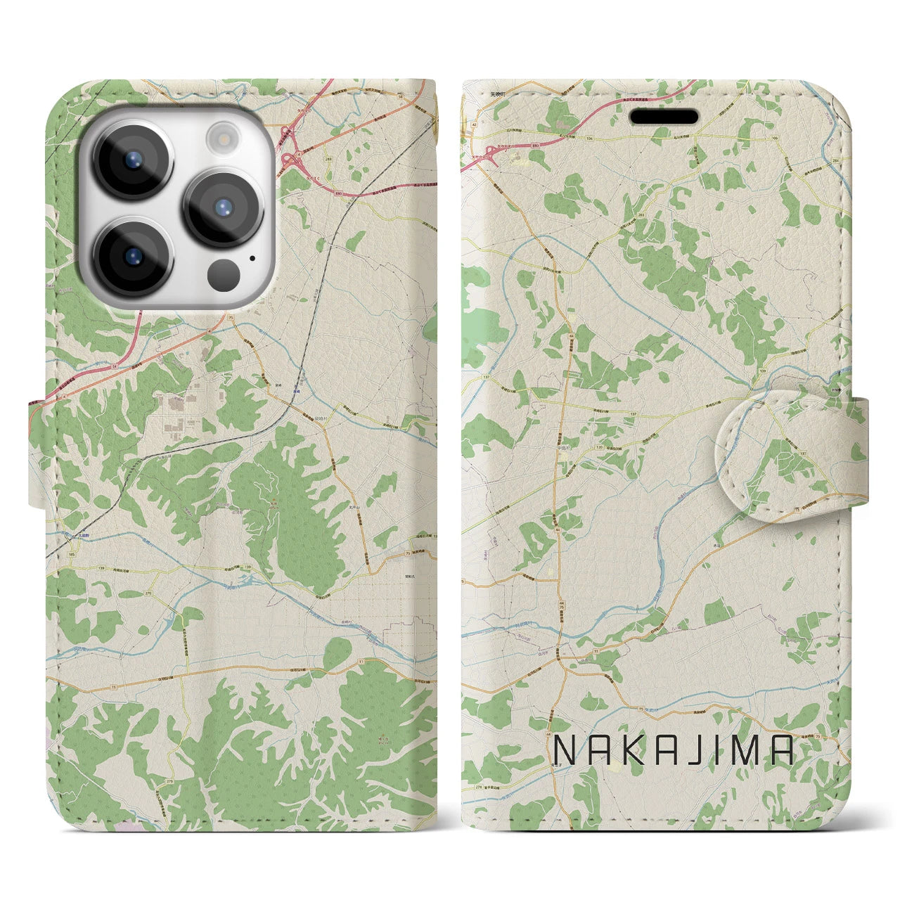 【中島】地図柄iPhoneケース（手帳両面タイプ・ナチュラル）iPhone 14 Pro 用