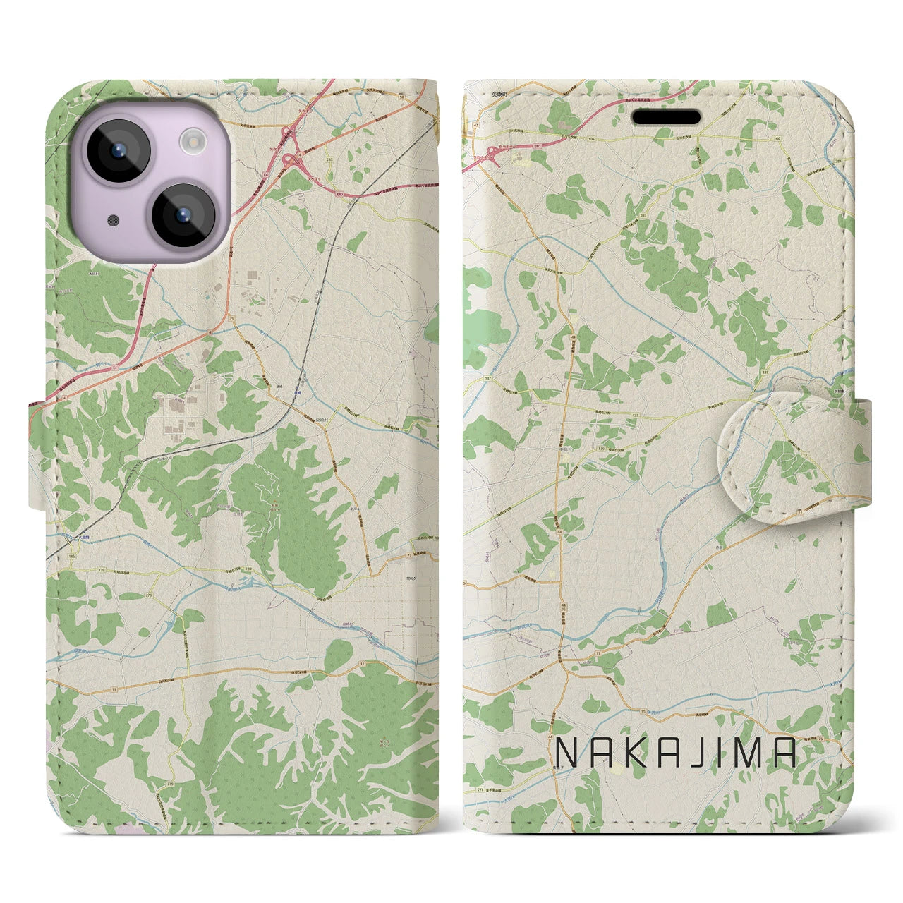 【中島】地図柄iPhoneケース（手帳両面タイプ・ナチュラル）iPhone 14 用