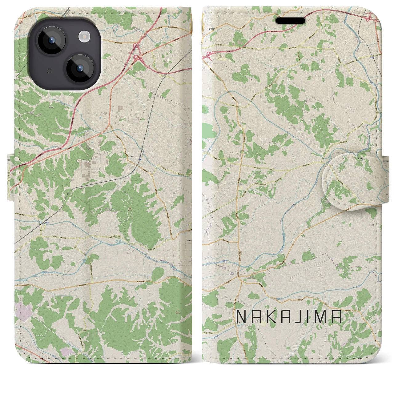 【中島】地図柄iPhoneケース（手帳両面タイプ・ナチュラル）iPhone 14 Plus 用