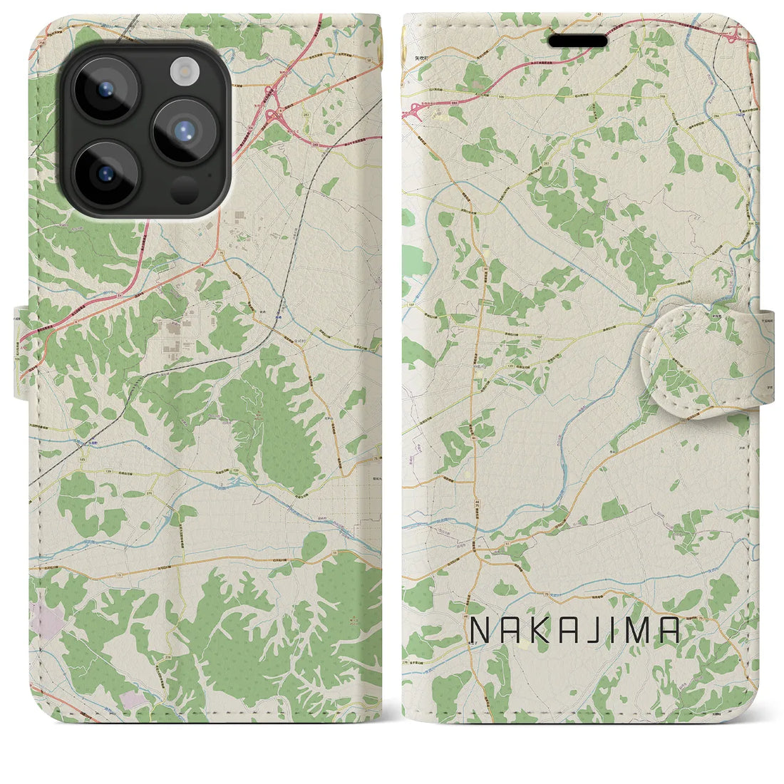 【中島】地図柄iPhoneケース（手帳両面タイプ・ナチュラル）iPhone 15 Pro Max 用