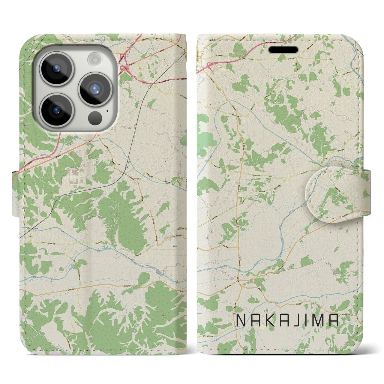【中島】地図柄iPhoneケース（手帳両面タイプ・ナチュラル）iPhone 15 Pro 用