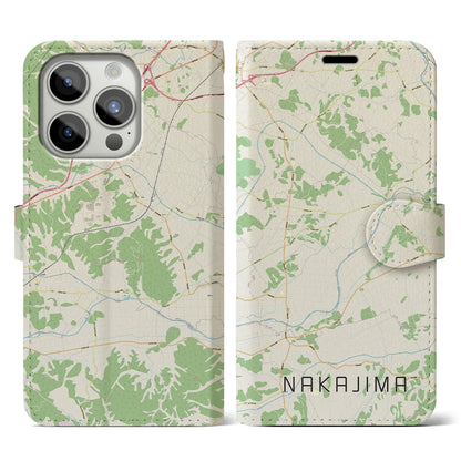 【中島（福島県）】地図柄iPhoneケース（手帳タイプ）ナチュラル・iPhone 15 Pro 用
