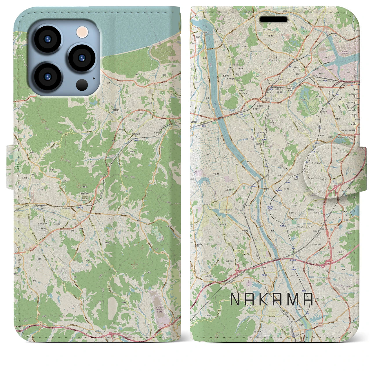 【中間】地図柄iPhoneケース（手帳両面タイプ・ナチュラル）iPhone 13 Pro Max 用