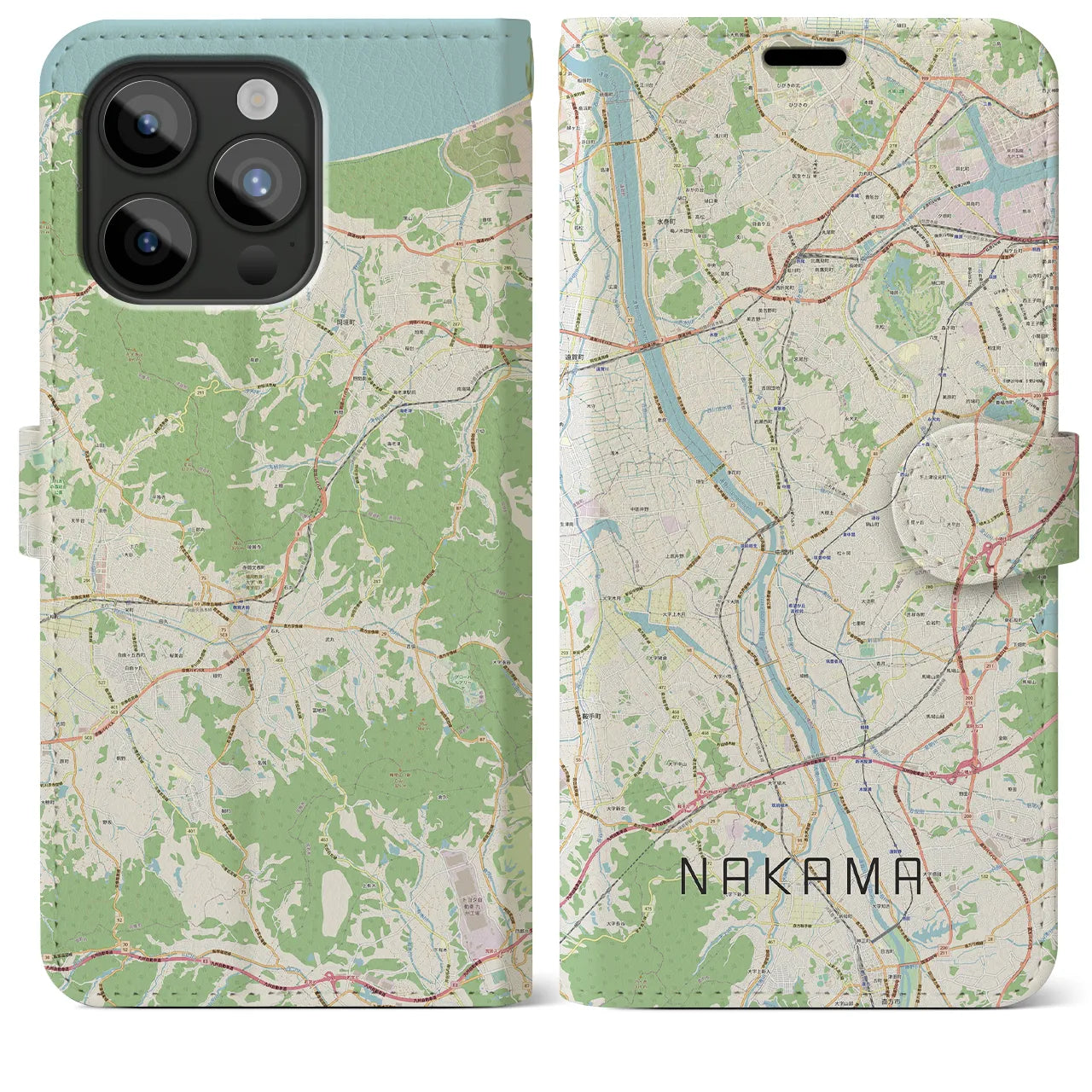 【中間】地図柄iPhoneケース（手帳両面タイプ・ナチュラル）iPhone 15 Pro Max 用