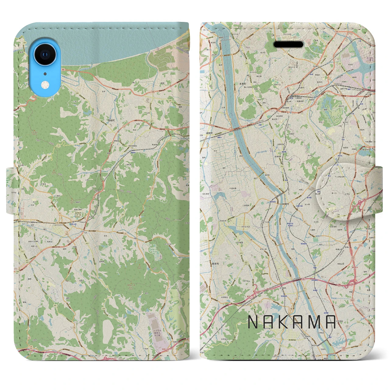 【中間】地図柄iPhoneケース（手帳両面タイプ・ナチュラル）iPhone XR 用