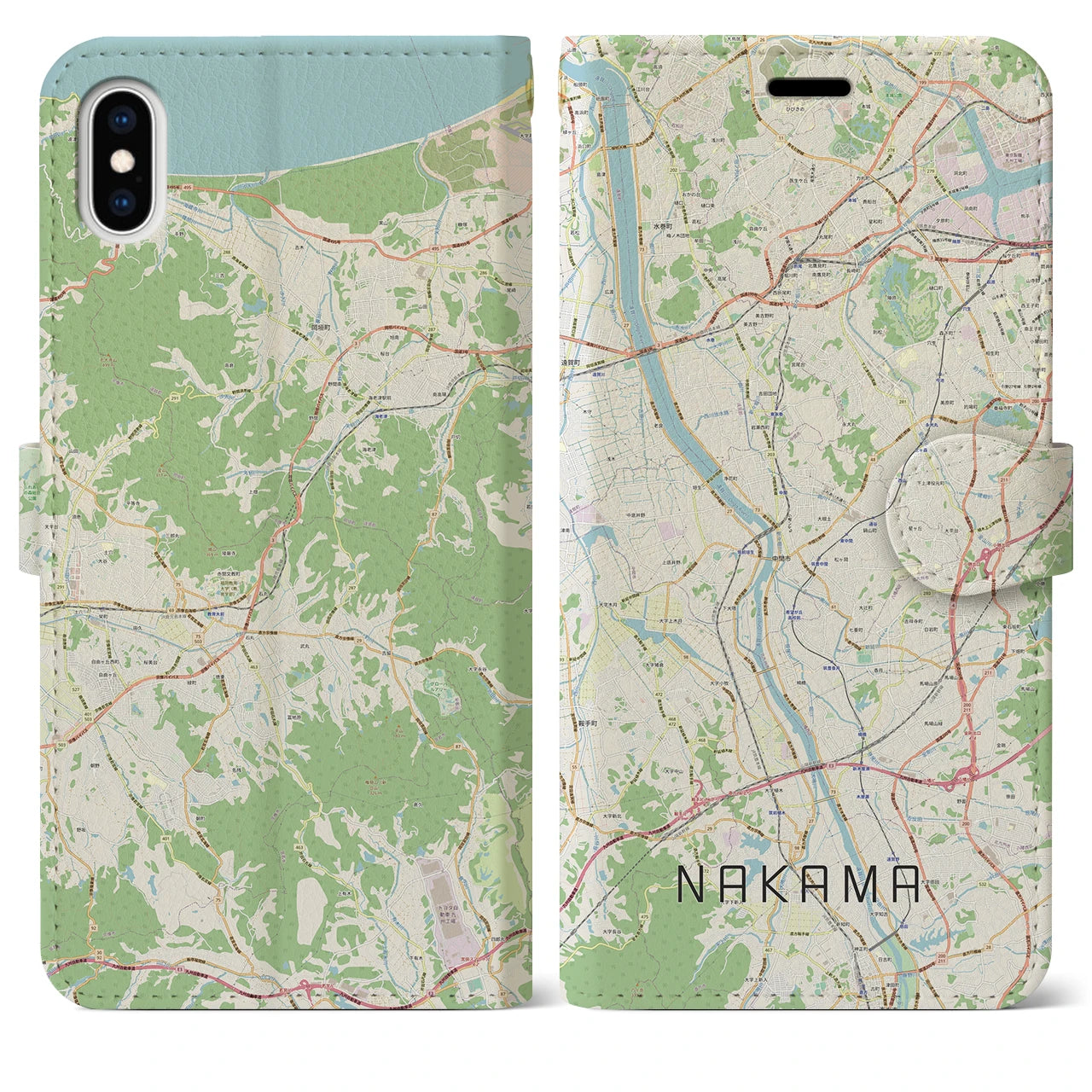 【中間】地図柄iPhoneケース（手帳両面タイプ・ナチュラル）iPhone XS Max 用