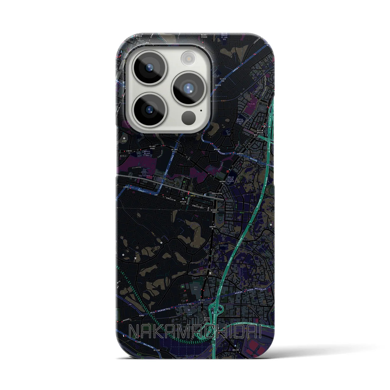 【仲町台】地図柄iPhoneケース（バックカバータイプ・ブラック）iPhone 15 Pro 用