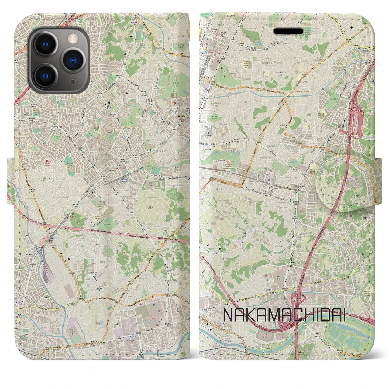 【仲町台】地図柄iPhoneケース（手帳両面タイプ・ナチュラル）iPhone 11 Pro Max 用