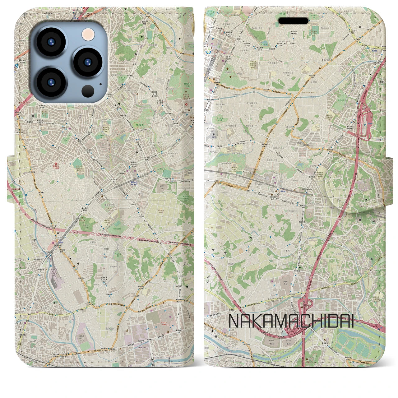 【仲町台】地図柄iPhoneケース（手帳両面タイプ・ナチュラル）iPhone 13 Pro Max 用