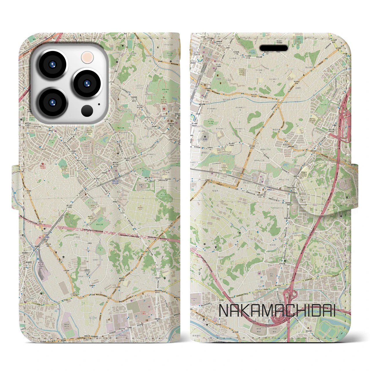 【仲町台】地図柄iPhoneケース（手帳両面タイプ・ナチュラル）iPhone 13 Pro 用