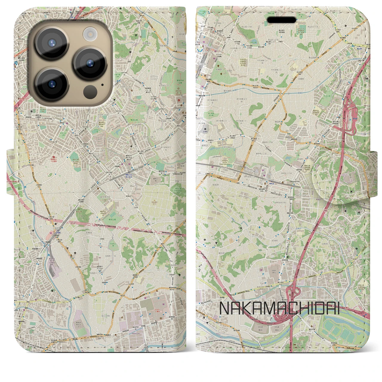 【仲町台】地図柄iPhoneケース（手帳両面タイプ・ナチュラル）iPhone 14 Pro Max 用