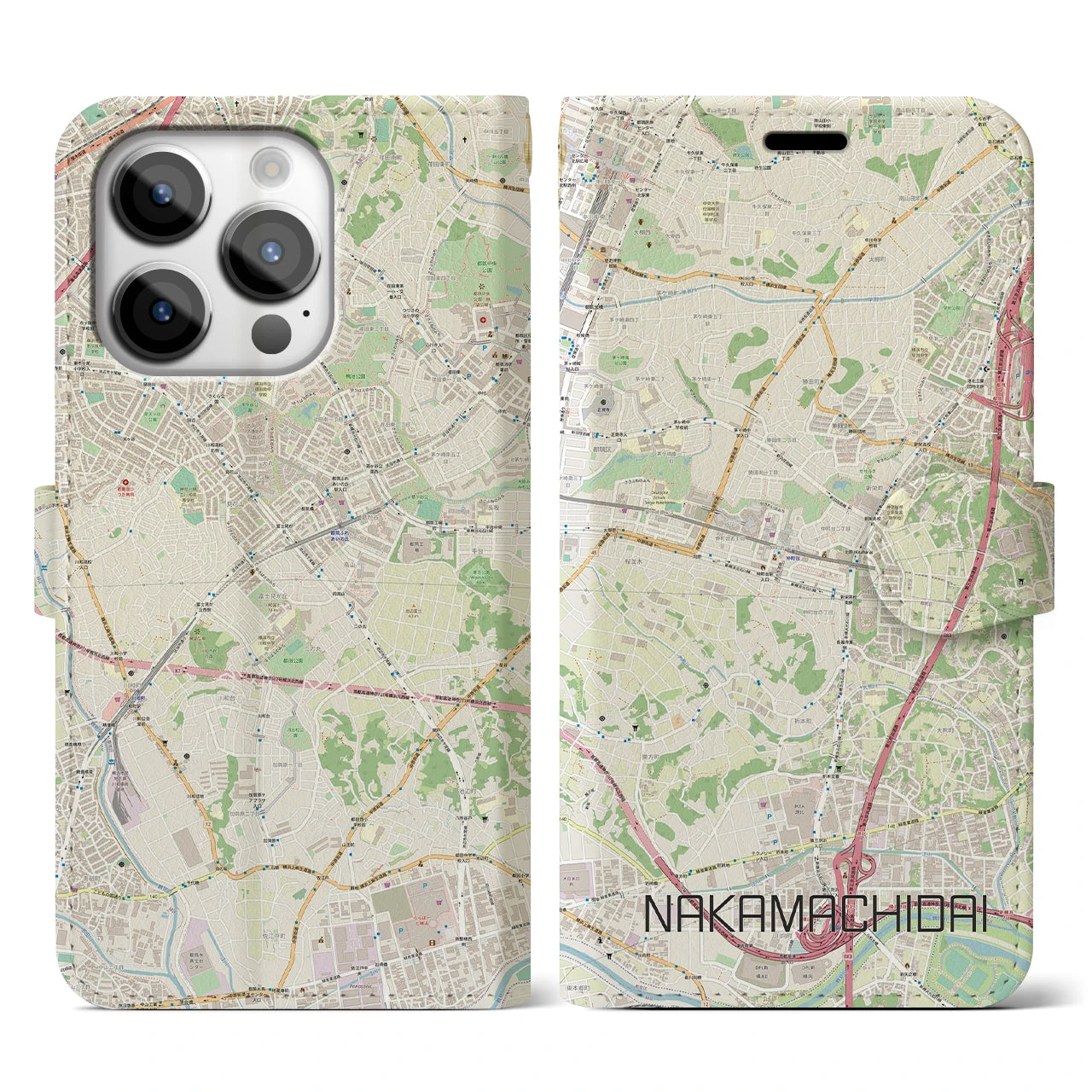 【仲町台】地図柄iPhoneケース（手帳両面タイプ・ナチュラル）iPhone 14 Pro 用