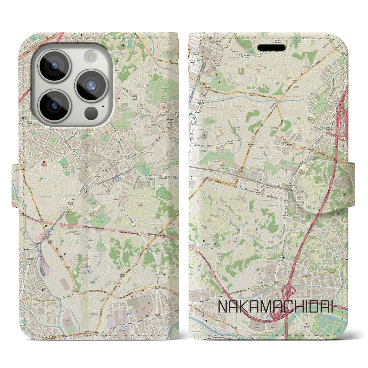 【仲町台】地図柄iPhoneケース（手帳両面タイプ・ナチュラル）iPhone 15 Pro 用