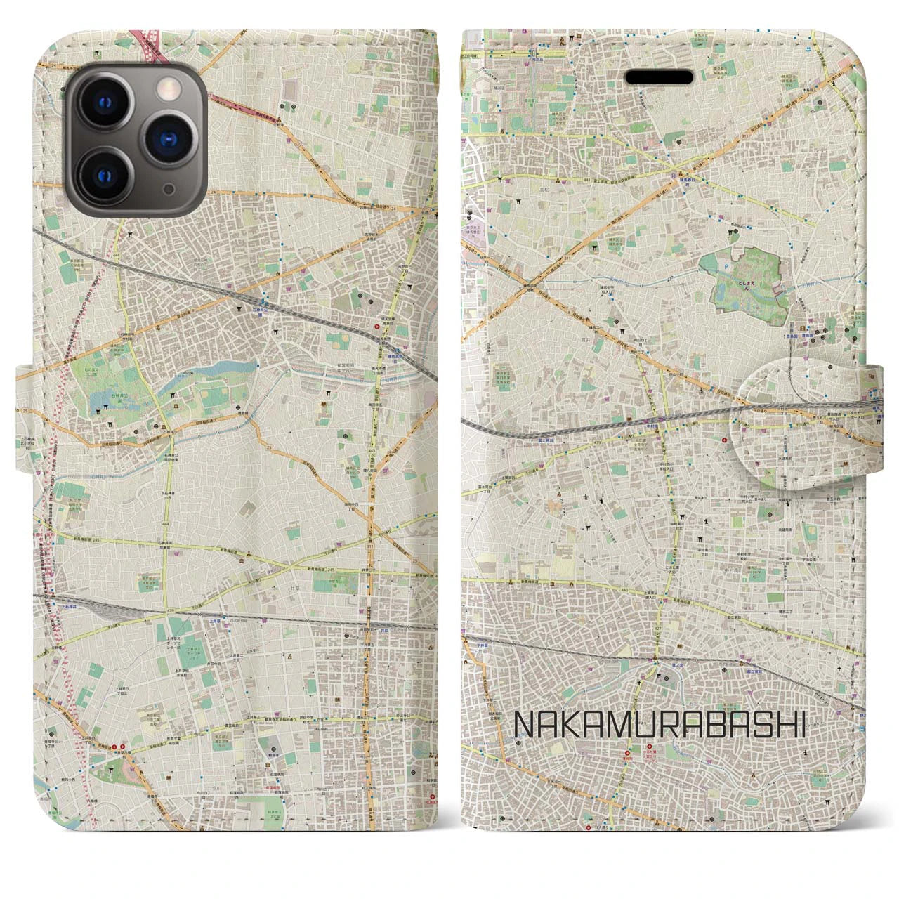 【中村橋】地図柄iPhoneケース（手帳両面タイプ・ナチュラル）iPhone 11 Pro Max 用
