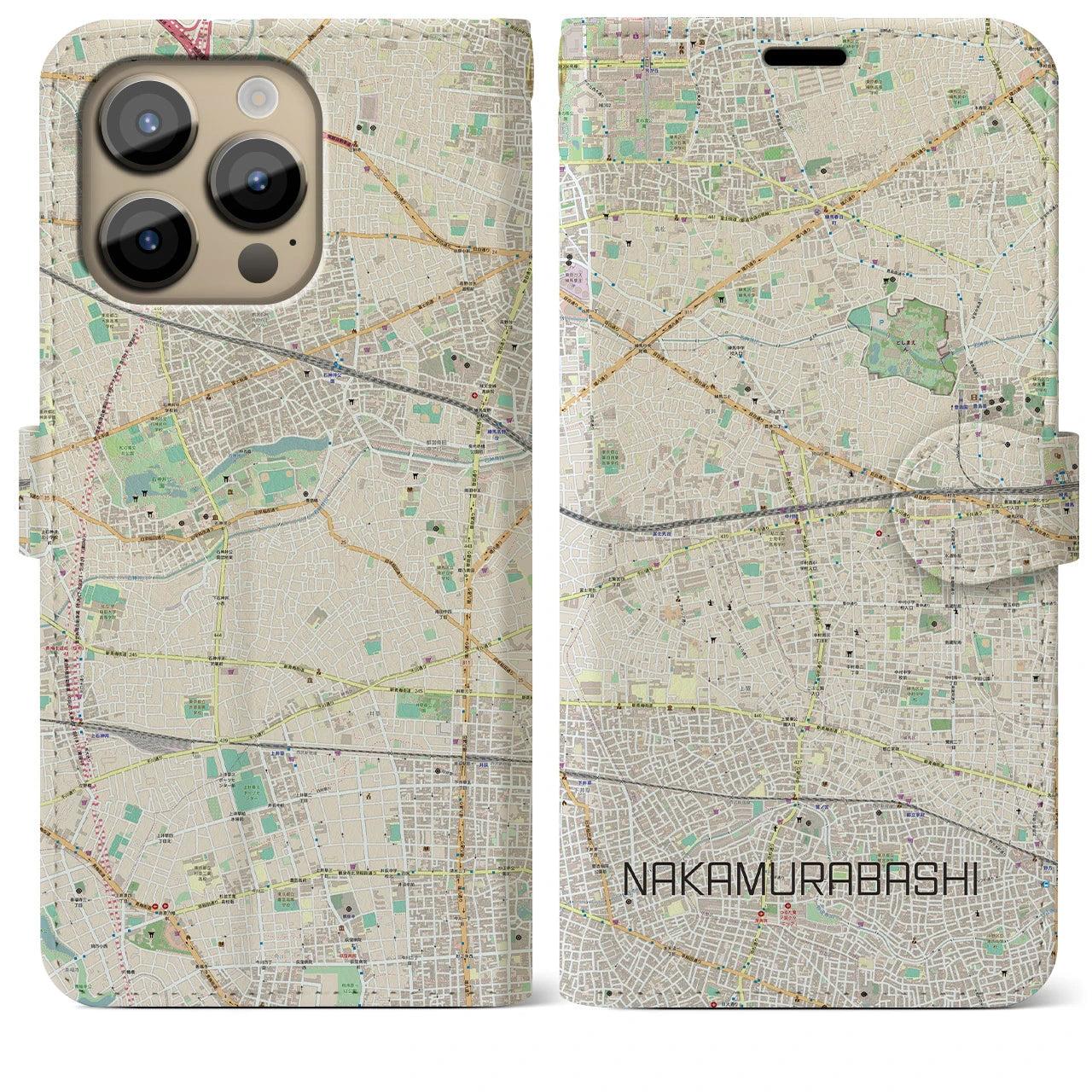 【中村橋】地図柄iPhoneケース（手帳両面タイプ・ナチュラル）iPhone 14 Pro Max 用