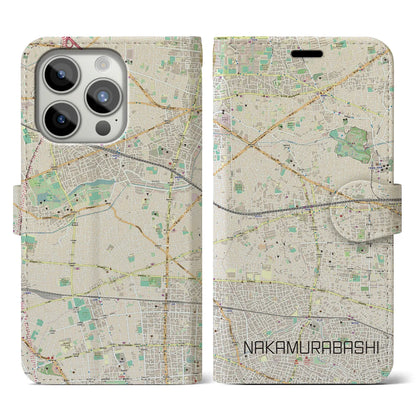 【中村橋（東京都）】地図柄iPhoneケース（手帳タイプ）ナチュラル・iPhone 15 Pro 用