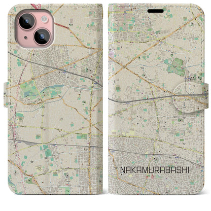 【中村橋（東京都）】地図柄iPhoneケース（手帳タイプ）ナチュラル・iPhone 15 Plus 用