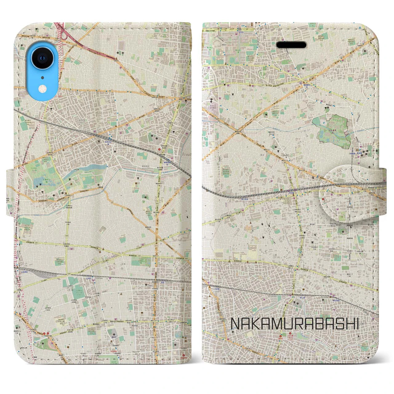 【中村橋】地図柄iPhoneケース（手帳両面タイプ・ナチュラル）iPhone XR 用