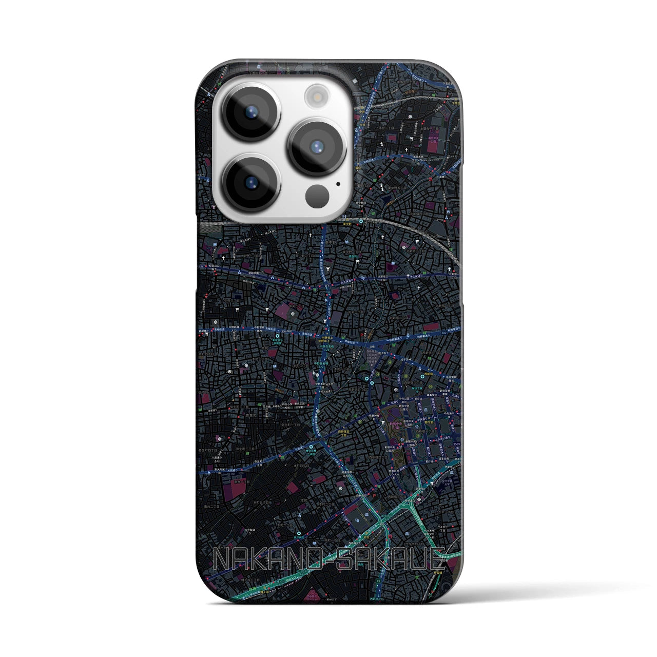 【中野坂上】地図柄iPhoneケース（バックカバータイプ・ブラック）iPhone 14 Pro 用