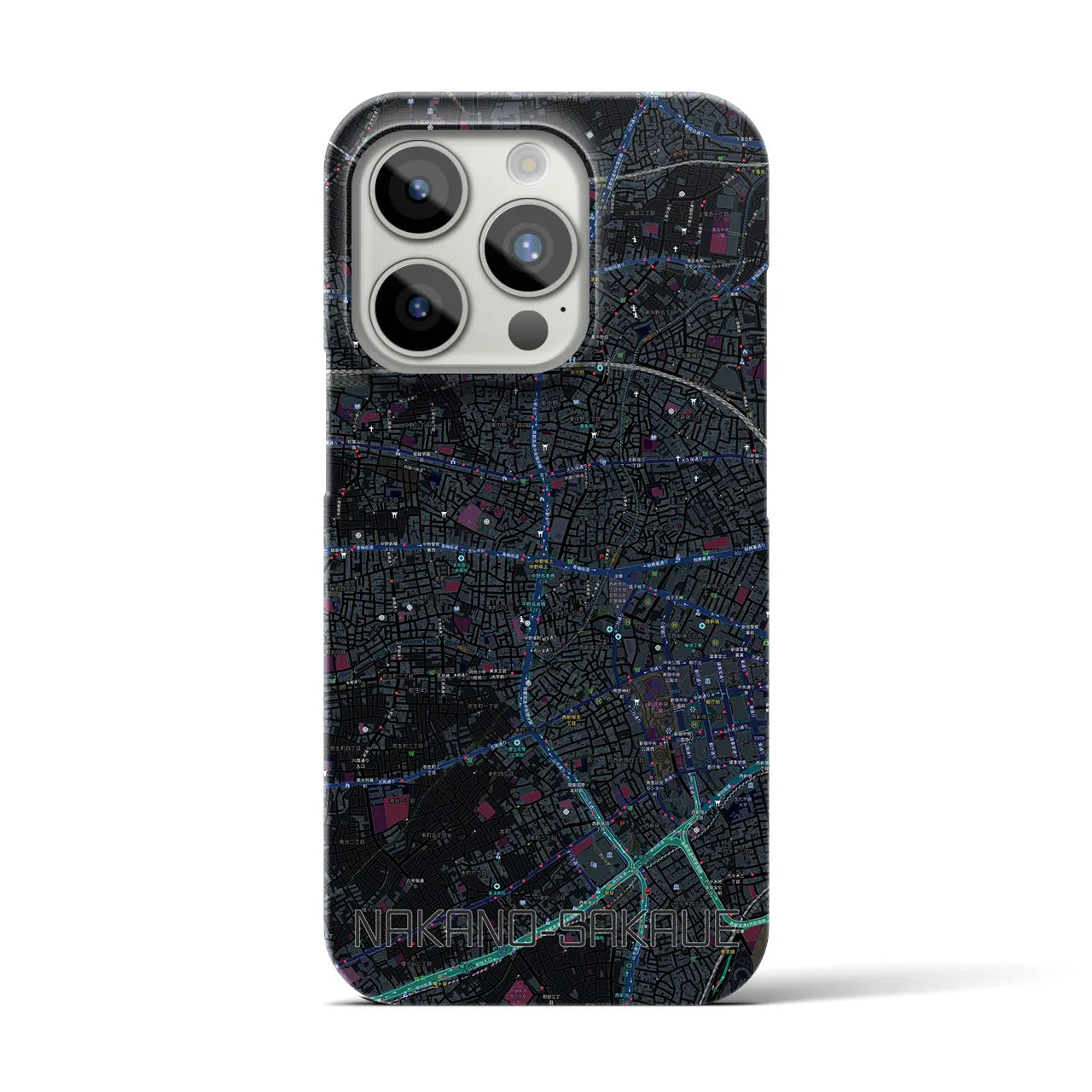 【中野坂上】地図柄iPhoneケース（バックカバータイプ・ブラック）iPhone 15 Pro 用
