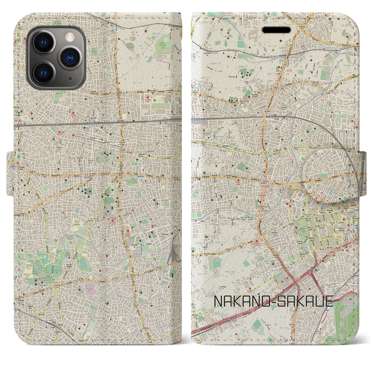 【中野坂上】地図柄iPhoneケース（手帳両面タイプ・ナチュラル）iPhone 11 Pro Max 用