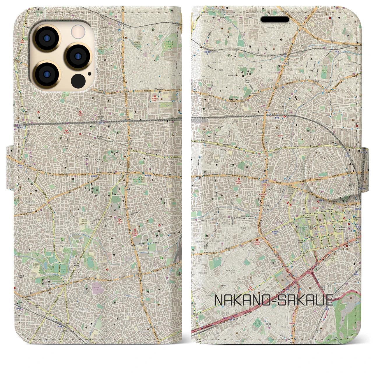 【中野坂上】地図柄iPhoneケース（手帳両面タイプ・ナチュラル）iPhone 12 Pro Max 用