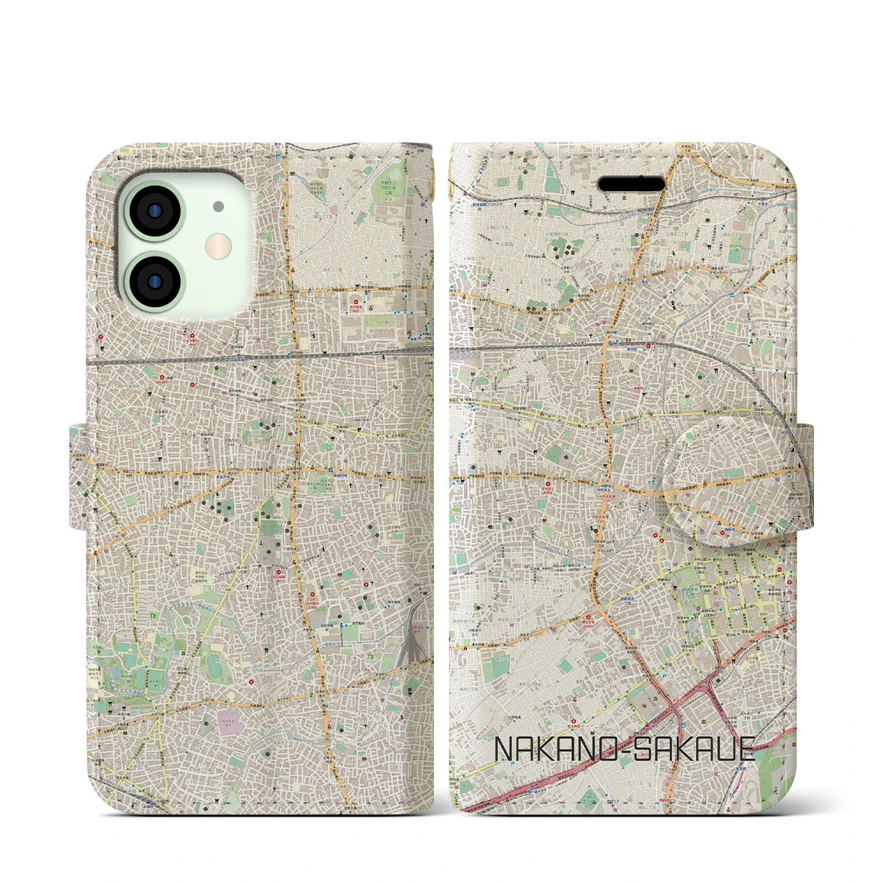 【中野坂上（東京都）】地図柄iPhoneケース（手帳タイプ）ナチュラル・iPhone 12 mini 用