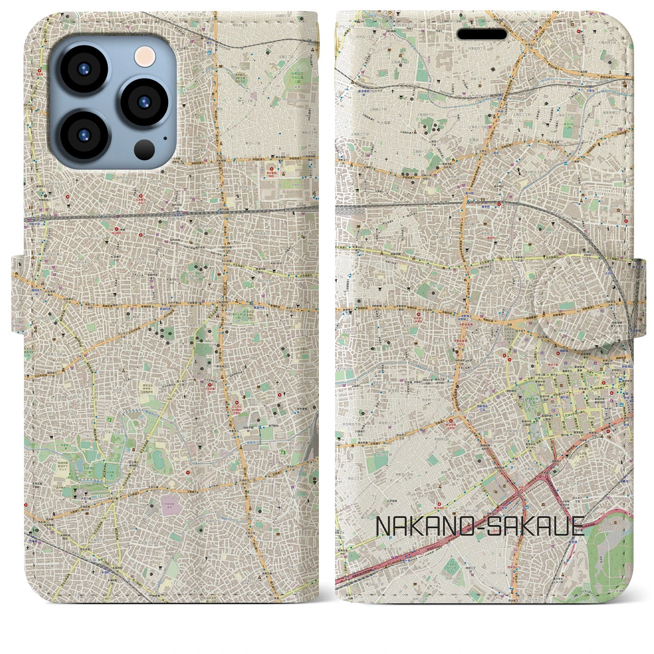 【中野坂上】地図柄iPhoneケース（手帳両面タイプ・ナチュラル）iPhone 13 Pro Max 用