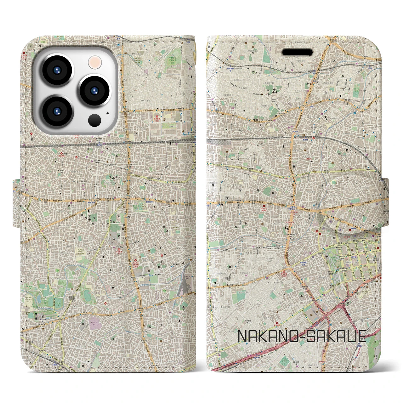 【中野坂上】地図柄iPhoneケース（手帳両面タイプ・ナチュラル）iPhone 13 Pro 用