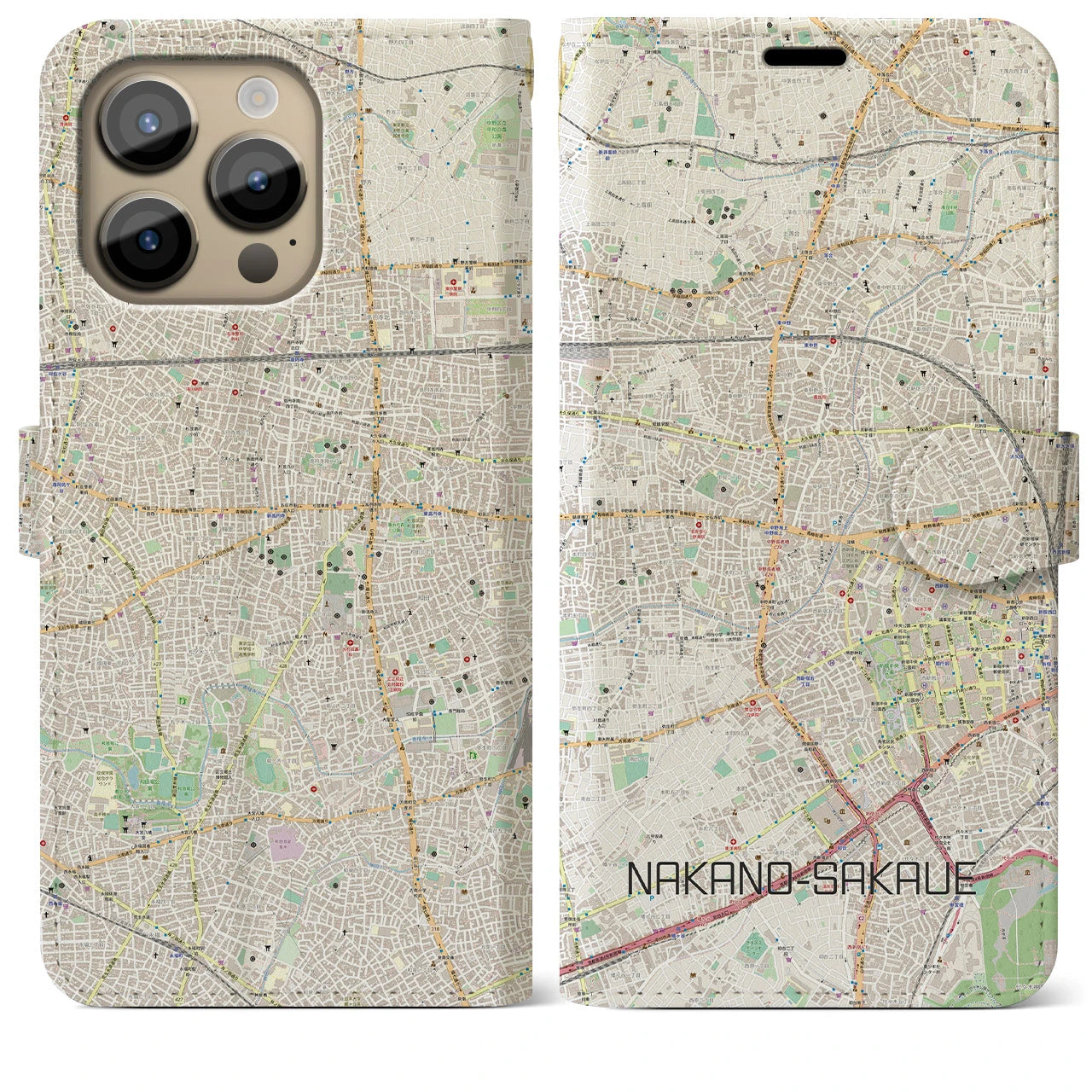 【中野坂上】地図柄iPhoneケース（手帳両面タイプ・ナチュラル）iPhone 14 Pro Max 用