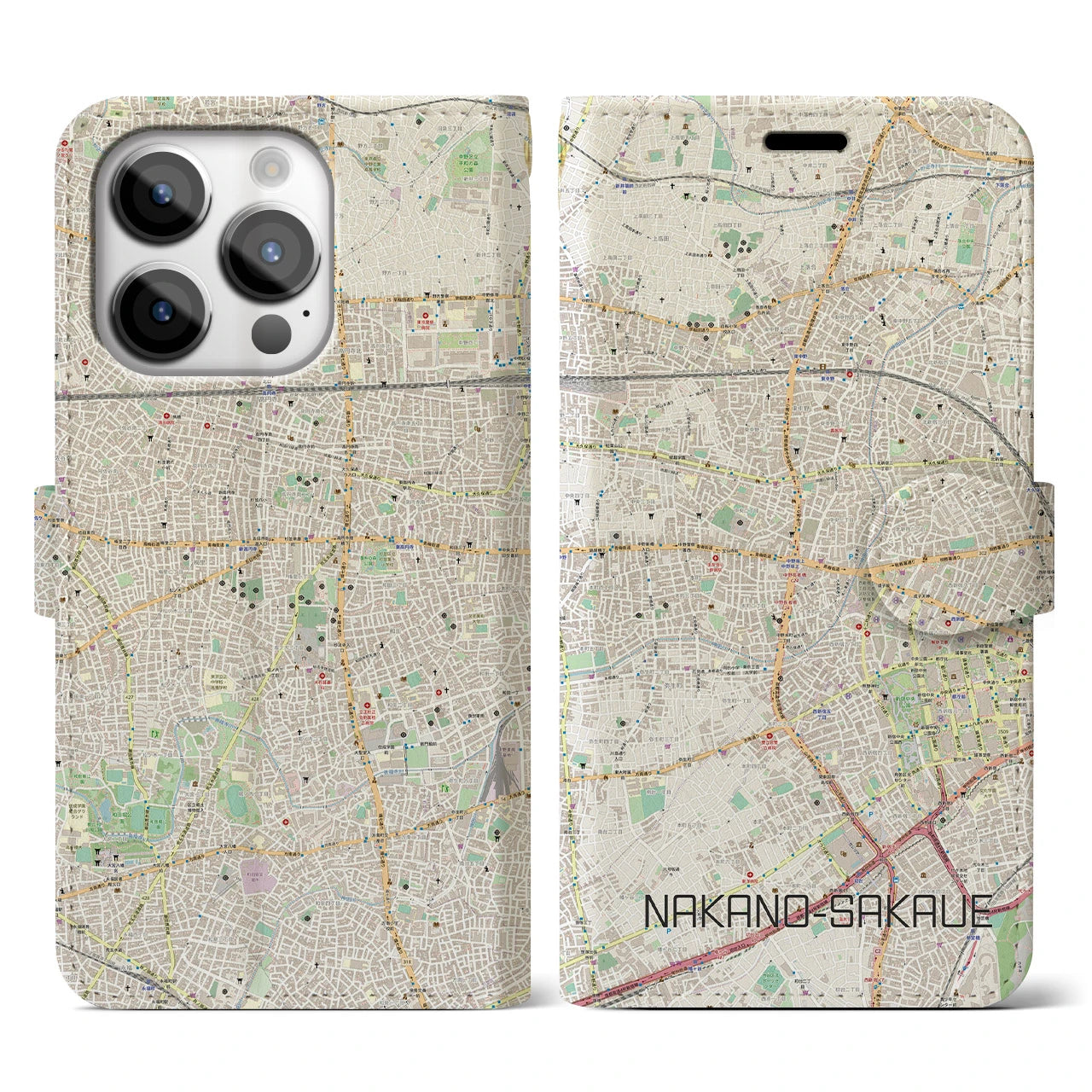 【中野坂上】地図柄iPhoneケース（手帳両面タイプ・ナチュラル）iPhone 14 Pro 用