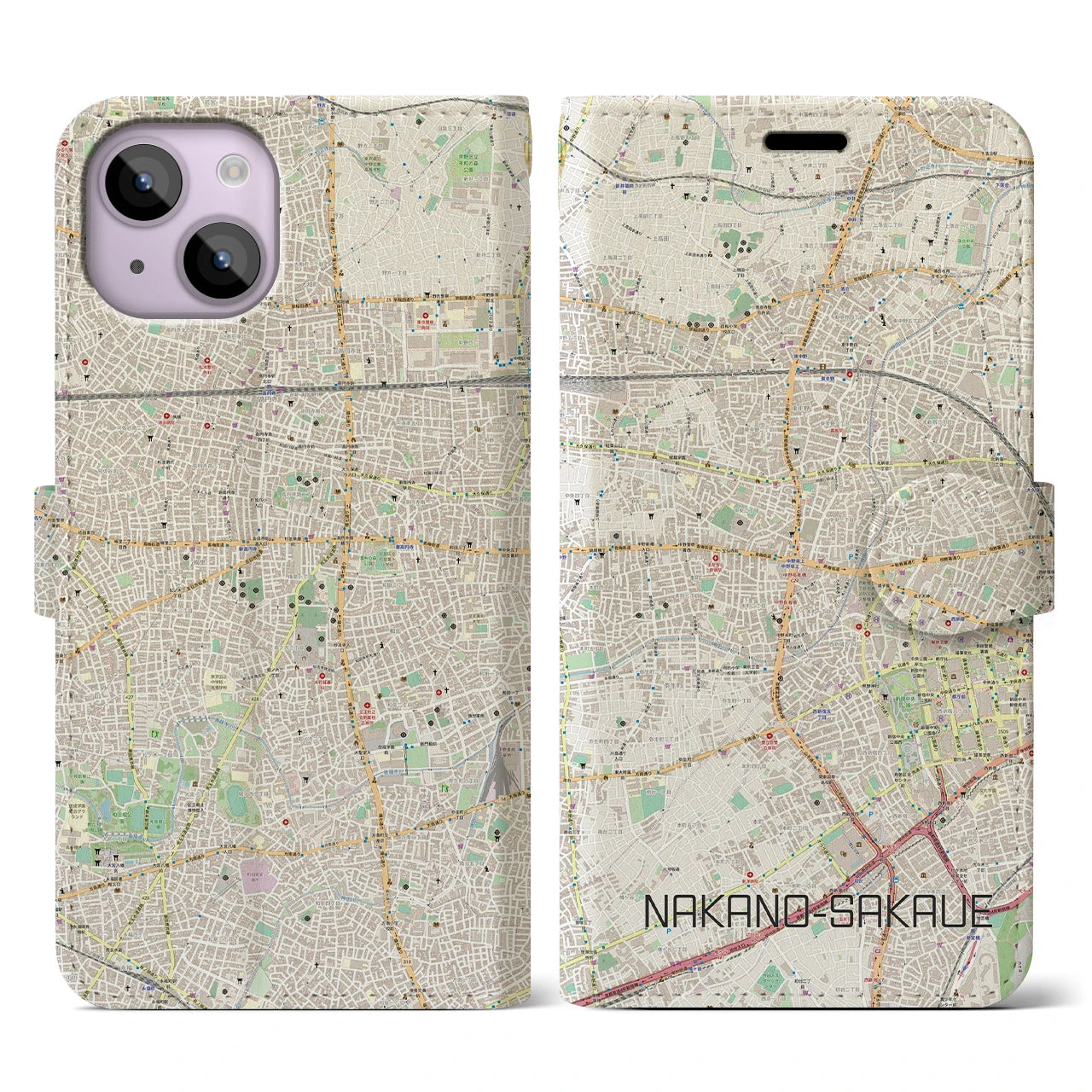 【中野坂上】地図柄iPhoneケース（手帳両面タイプ・ナチュラル）iPhone 14 用