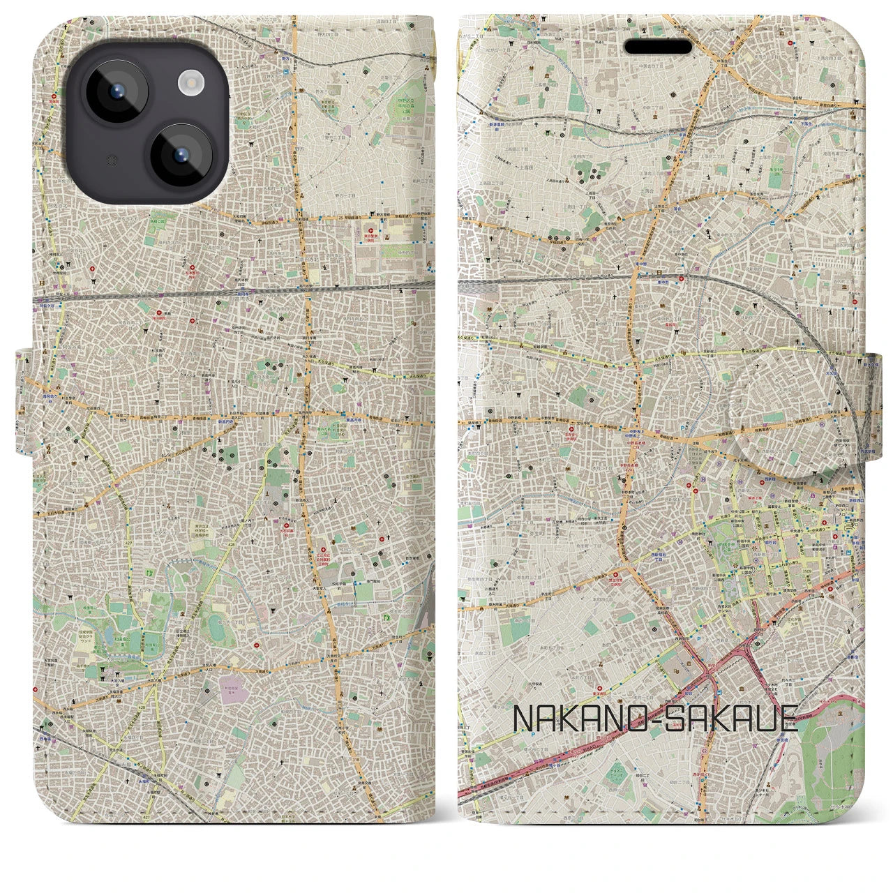 【中野坂上】地図柄iPhoneケース（手帳両面タイプ・ナチュラル）iPhone 14 Plus 用