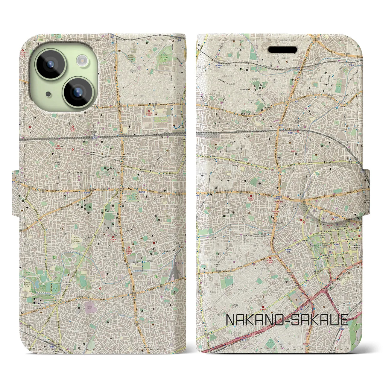 【中野坂上】地図柄iPhoneケース（手帳両面タイプ・ナチュラル）iPhone 15 用