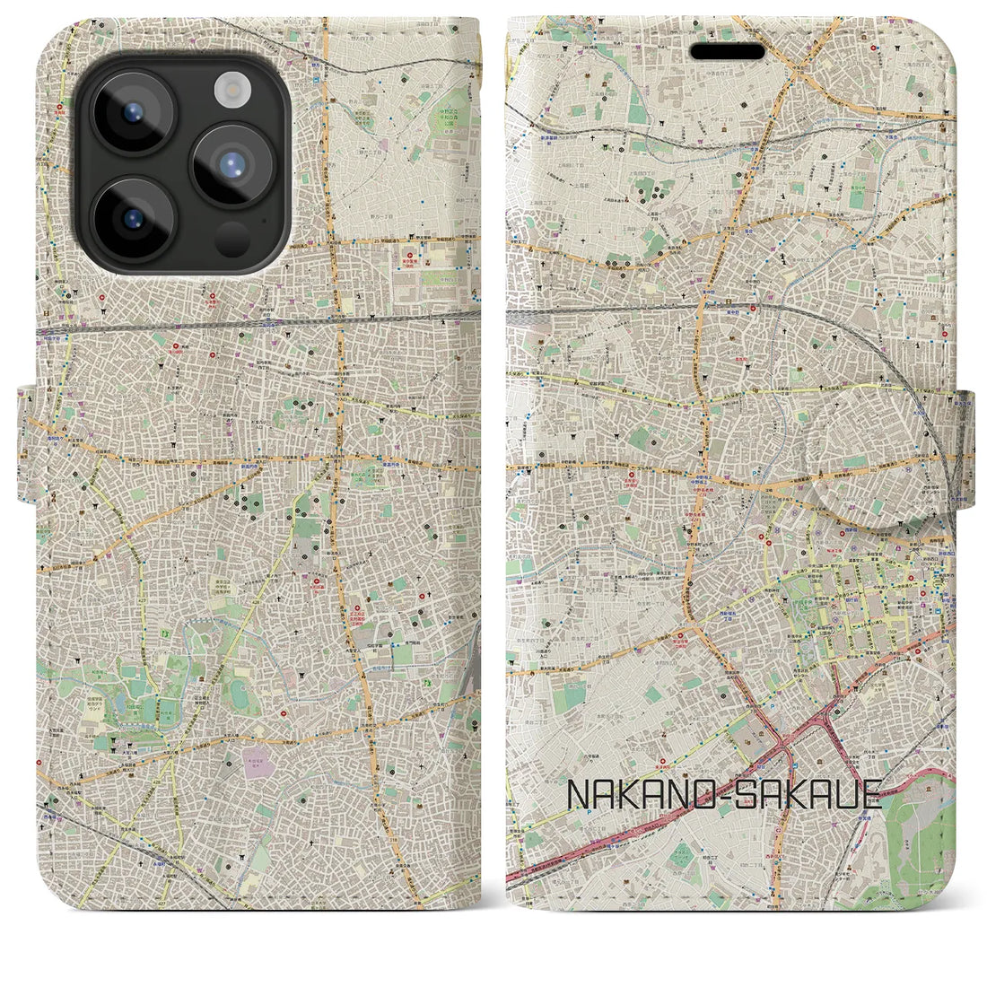 【中野坂上】地図柄iPhoneケース（手帳両面タイプ・ナチュラル）iPhone 15 Pro Max 用