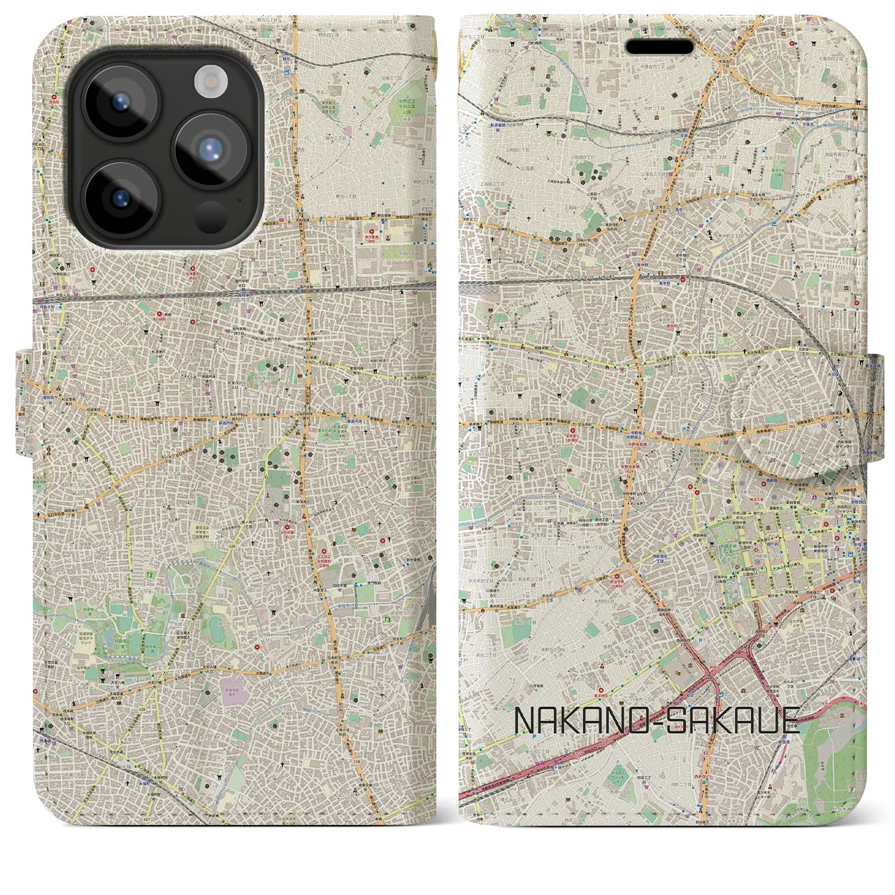 【中野坂上（東京都）】地図柄iPhoneケース（手帳タイプ）ナチュラル・iPhone 15 Pro Max 用