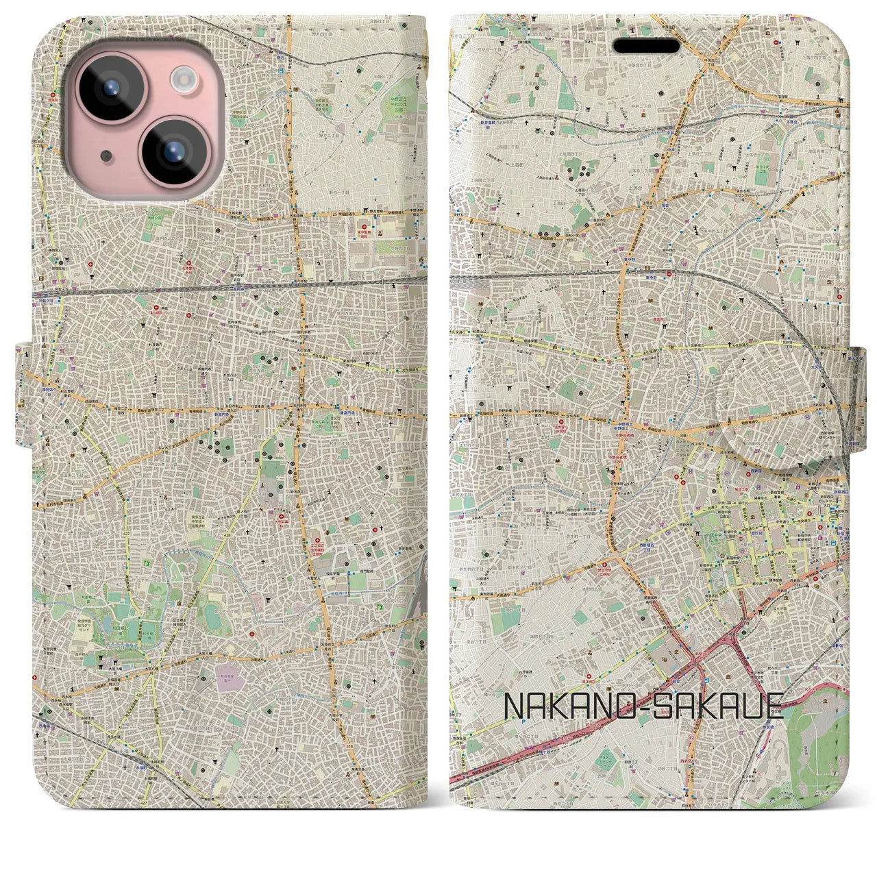 【中野坂上】地図柄iPhoneケース（手帳両面タイプ・ナチュラル）iPhone 15 Plus 用