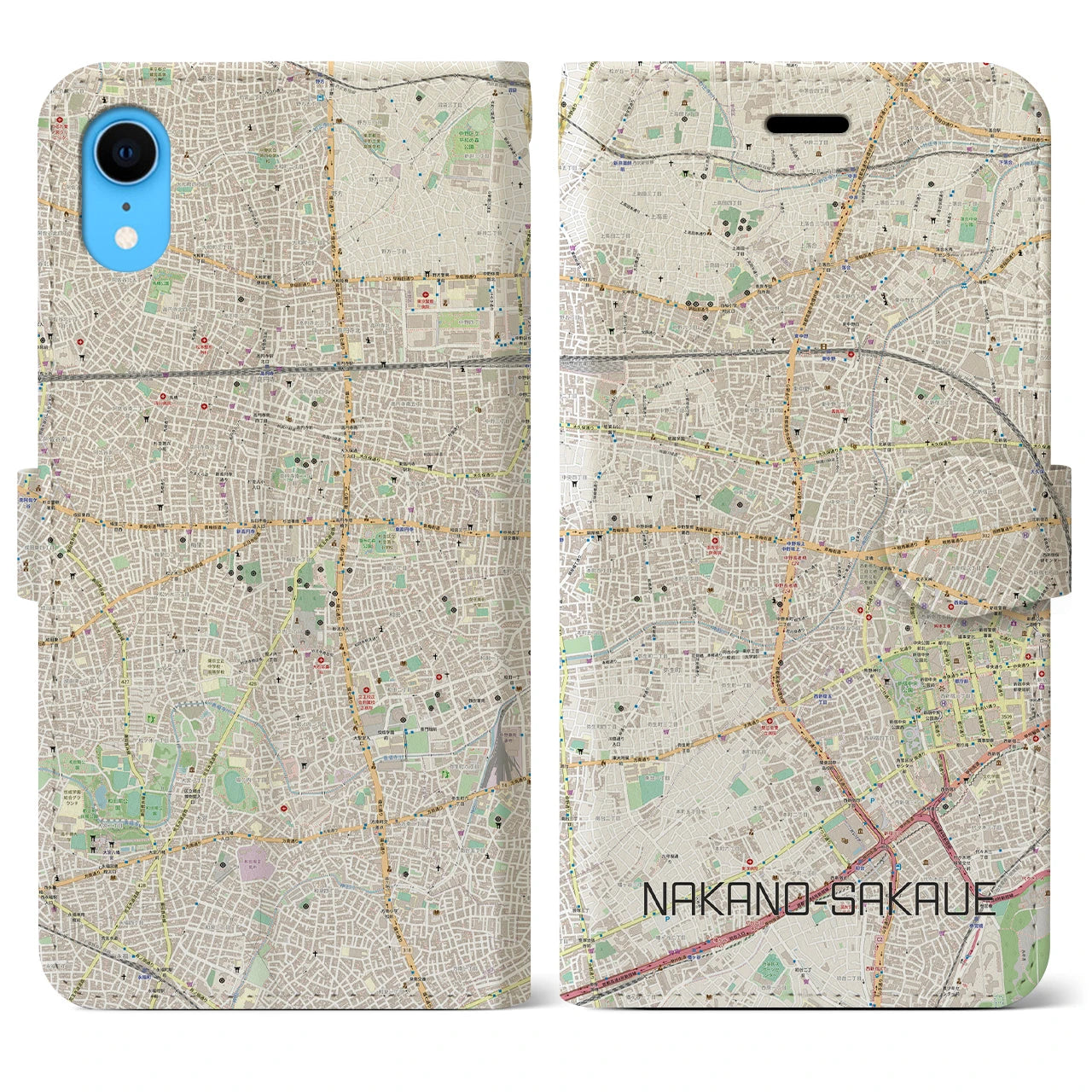 【中野坂上】地図柄iPhoneケース（手帳両面タイプ・ナチュラル）iPhone XR 用
