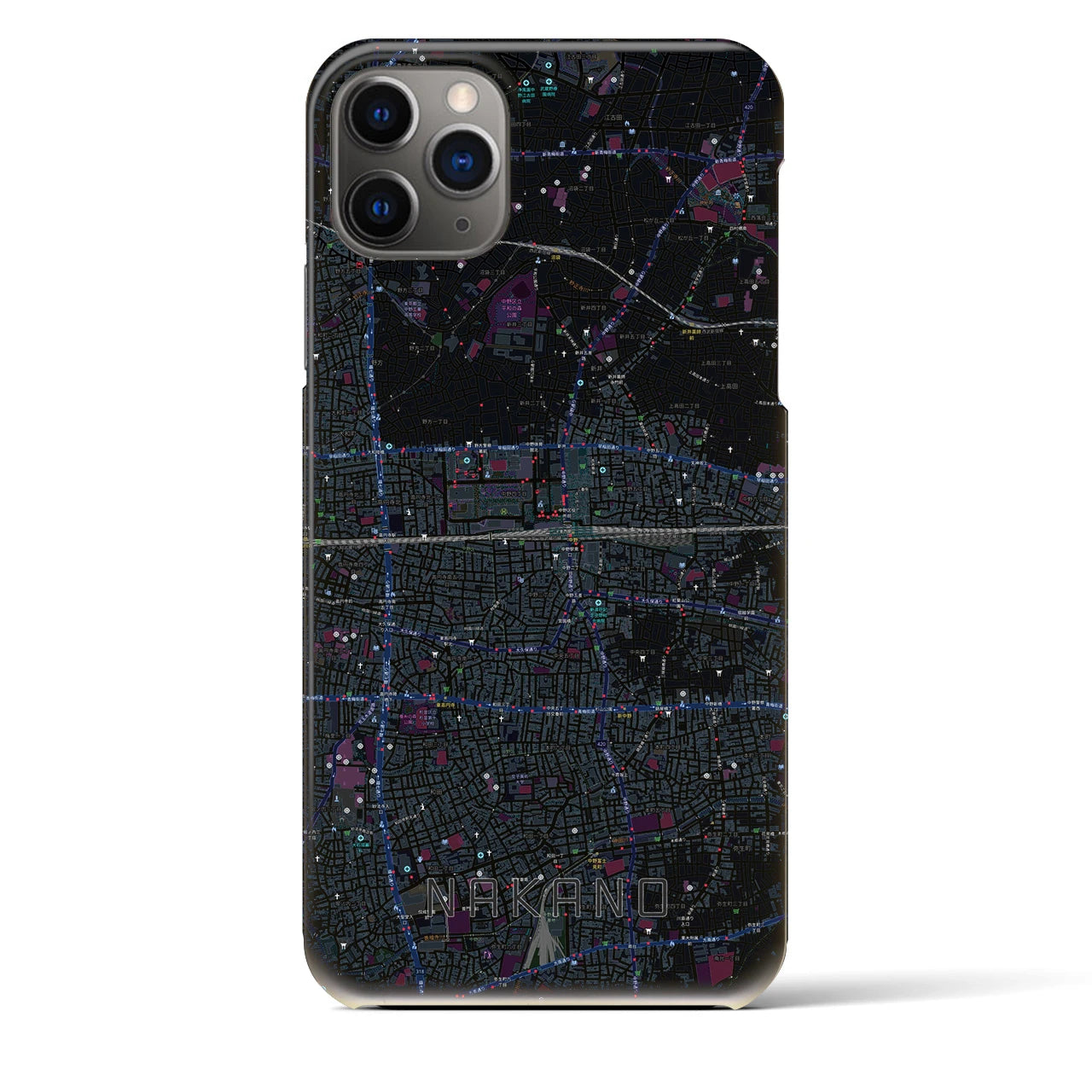 【中野2】地図柄iPhoneケース（バックカバータイプ・ブラック）iPhone 11 Pro Max 用